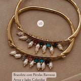 Bracelete com Pérolas Barrocas Arroz e Jades Coloridas
