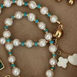 Pulseira Pérola Barroca com Jades Turquesa e Pingentes Madrepérola