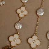 Colar Corrente Fininha e Trevo com Ponto de Luz e Pérola Barroca Moeda