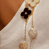 Colar Corrente Fininha e Trevo com Ponto de Luz e Pérola Barroca Moeda