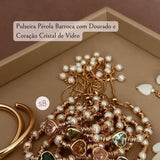 Pulseira Pérola Barroca com Dourado e Coração Cristal de Vidro